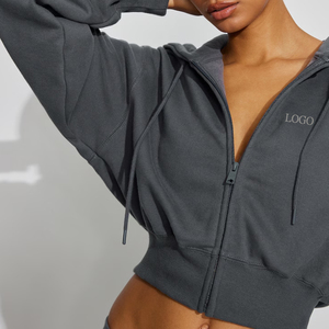 Custom Ribbed Hem Cropped Zip up Short Hoodie for Women Embroidered Solid Color Breathable Quick Dry Streetwear <strong>Jumper</strong> - Product Image 1