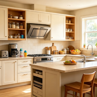 Système d'armoires de cuisine personnalisé, durable et étanche, avec îlot central et zones fonctionnelles pour villa et appartement urbain