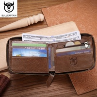 Dompet Kulit Asli Pria BULLCAPTAIN dengan Ritsleting, Anti-RFID, Lipat Dua, Jendela ID, Tempat Paspor, dan Kantong Koin Beritsleting
