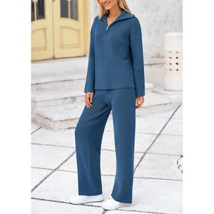 FOXA Womens Winter Sweater <b>Set</b> Long Sleeve Quarter Zip Wide Leg Pants <b>Knitted</b> Tracksuit Fall Outfits - Product Image 4