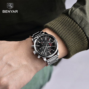 นาฬิกาโครโนกราฟสำหรับผู้ชายแบรนด์เบนยาร์ สายสแตนเลสสตีล กันน้ำ 3 บาร์ ระบบควอตซ์ หน้าปัดสีดำ นาฬิกาสปอร์ต - Product Image 4