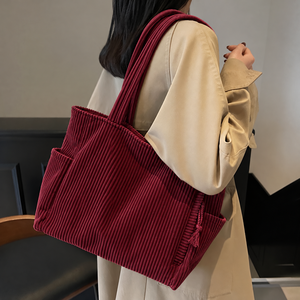 Durable Soft Corduroy Women's <b>Summer</b> Portable Casual Multi-Compartment Zipper Closure Commute <b>Shoulder</b> Tote <b>Bag</b> - Product Image 3