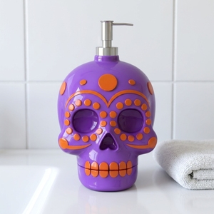 Distributeur de savon en céramique entièrement personnalisé, motif crâne, peint à la main, pompe à lotion squelette de sucre, style américain, écologique, pour salle de bain - Product Image 1