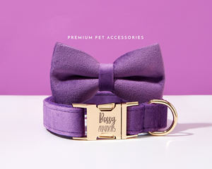 Conjunto de Correa y Lazo de Terciopelo Morado Personalizado, Hecho a Mano, para Cachorros, Regalo de Boda, Collar de Perro con Grabado Elegante - Product Image 1