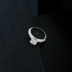 Classic Six Prong Lab Created Diamond <b>Ring</b>, Round Cut <b>Solitaire</b> with Pave-Set Accents Bridal Wedding Band in 925 <b>Silver</b> - Product Image 4