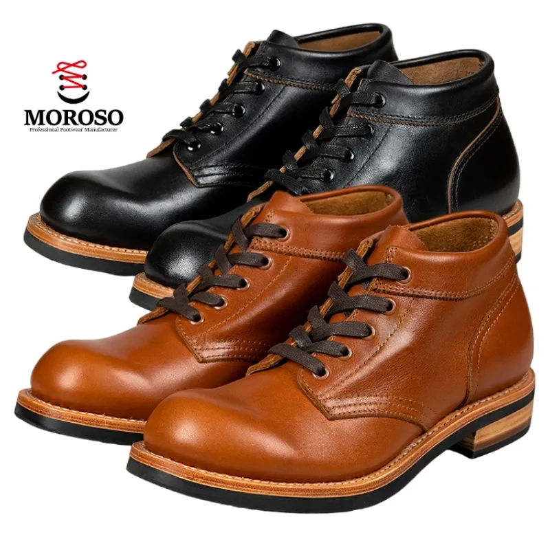 Botas curtas de couro genuíno 2024 para homens, sapatos curtos de corte baixo, dedo redondo, sapatos casuais de trabalho, botas martin