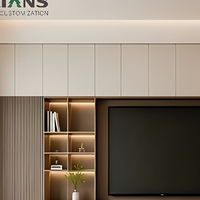 Meuble TV mural intégré moderne, armoire multimédia pleine hauteur avec détails rainurés verticaux et éclairage LED d'ambiance