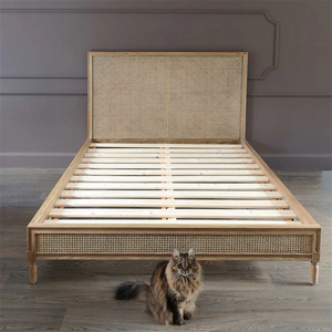 American Country Vintage Double <strong>Bed</strong> Solid Oak <strong>Pine</strong> and Teak Rattan <strong>Bed</strong> for Master Bedroom for Home or Hotel Furniture - Product Image 6
