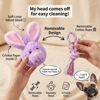Jouet pour chien en forme de tête de lapin avec corde, peluche couineuse et froissée, corps en corde de coton amovible, jouet interactif à tirer et à mâcher pour chiens de petite et moyenne taille