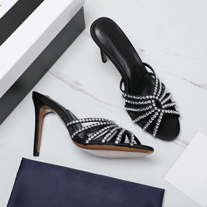 Mules de tacón alto con adornos de cristal negro, sandalias de tiras con pedrería y punta abierta, proveedor mayorista - Product Image 4