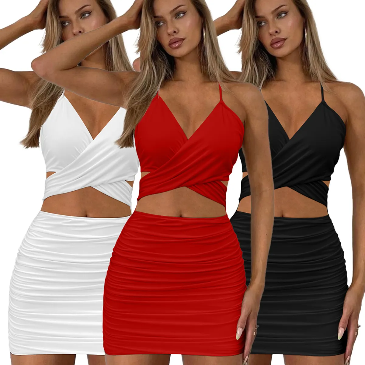2022 New Arrivals Sexy Solid Color Backless Hollow Halter Dress Fashion Design Straps Mini woman dress