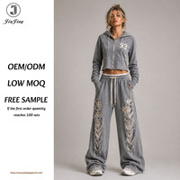 Ensemble de survêtement Y2K personnalisé, effet usé et déchiré, comprenant un sweat à capuche court zippé et un pantalon large déchiré - Fournisseur