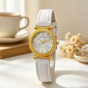 Reloj de Pulsera de Cuero para Mujer, Estilo Europeo Vintage, Caja Redonda con Patrón de Llave Griega, Bisel Dorado, Elegante, Casual, de Cuarzo - Product Image 1