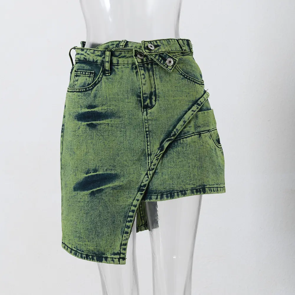Asymmetrical Mini Ladies Jupe Sexy Short Vintage Washed Color Denim Skirt For Women