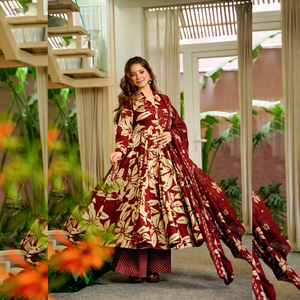 Ensemble haut et pantalon Anarkali floral bordeaux avec dupatta, coupe ample, longueur genou, imprimé numérique tissé, tenue ethnique pour femme pour mariage et fête - Product Image 1