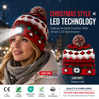 Bonnet de Noël LED pour adulte, tricoté avec pompon, rechargeable par USB, chaud, en acrylique, pour l'hiver, les fêtes et l'extérieur
