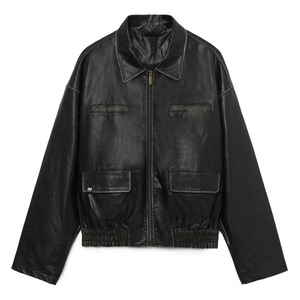 OEM High Quality Long Sleeve Crackled Leather Round Neck Zip <strong>Fly</strong> <strong>Men</strong> <strong>Jacket</strong> - Product Image 1