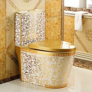 WC monobloc de luxe moderne avec bidet à jet intégré, à chasse directe, en or, pour salle de bain, avec siphon en P mural - Product Image 1