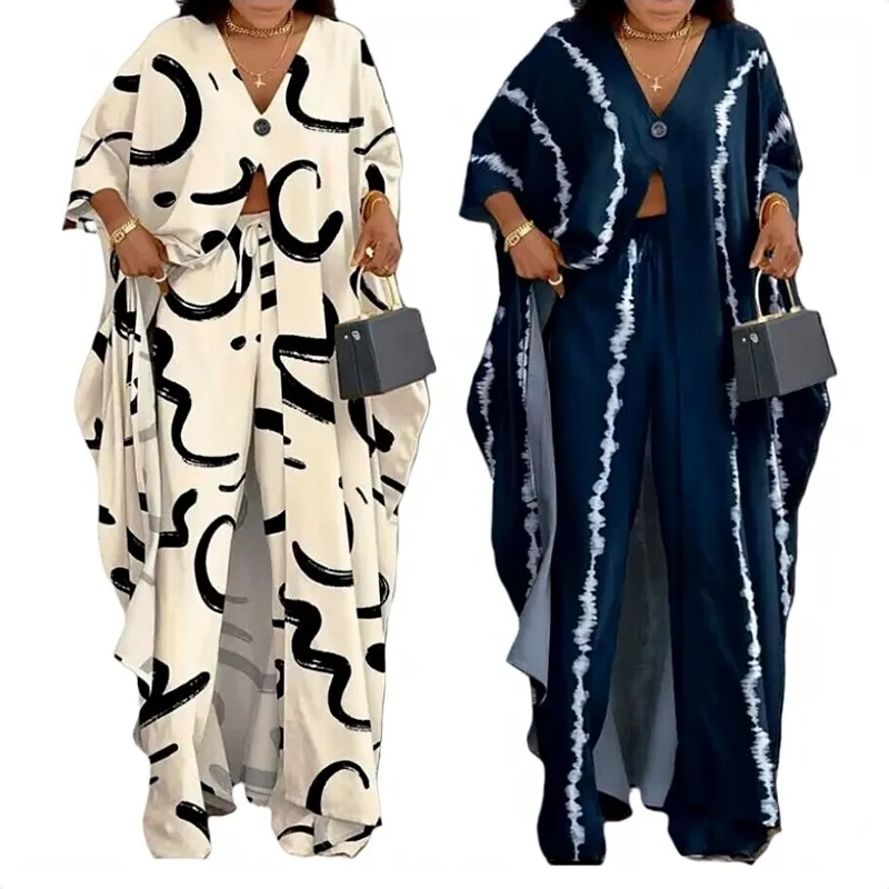 Two Piece Women Dashiki Sets Spring Summer V-neck Single Button Coat + Wide Leg Pants African Women Casual Suit