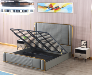 Luxury super king size bed and mattress set golden stainless steel grey leather modern queen size storage bed base frame