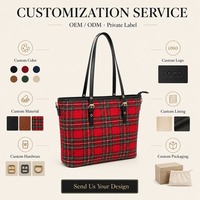 Tas Tote Plaid Custom untuk Wanita OEM ODM Kapasitas Besar Tas Selempang Resleting Bahan Tartan Label Pribadi Tas Fashion