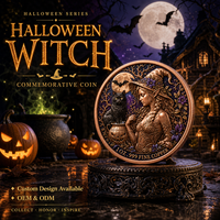 Pièce commémorative en cuivre fin 99,9 % de 1 once, avec relief 3D, motif Halloween (Sorcière, Chat, Chaudron), Fleur Violette, Lune, Chauve-souris, Souvenir, Pièce de défi, Cadeau de présentation