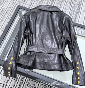 <span class=keywords><strong>Veste</strong></span> en cuir véritable <span class=keywords><strong>noire</strong></span> pour <span class=keywords><strong>femme</strong></span>, courte, ceinturée, style motard, avec grand col, manteau moto, vêtement d'extérieur d'automne, vente en gros OEM - Product Image 4