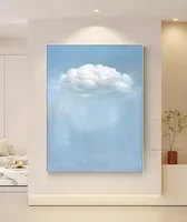 Peinture à l'huile sur toile texturée faite à la main, motif nuage blanc moderne avec paysage bleu ciel élégant, décoration murale pour salon