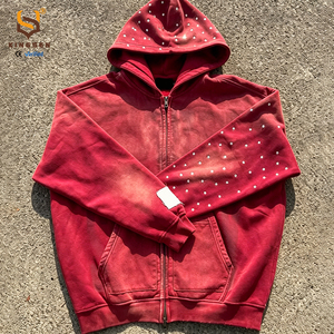 Sweat à capuche zippé en coton French Terry 500g épais avec logo personnalisé, manches ornées de strass, effet délavé vintage, style streetwear - Product Image 4