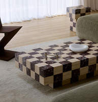 Table basse carrée élégante en travertin et marbre naturel Rosso Levanto, table à damier, table basse moderne en marbre