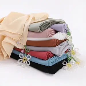 New Floral Pendant Chiffon Kerchief Scarf Muslim 90*90 Solid Color Turban Hijab Malay Tudung Pompom Scarf Shawls