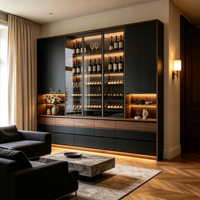 Meuble de rangement à vin moderne et personnalisable 2-en-1, écologique et durable, avec porte vitrée, éclairage LED et design sans poignée intégré