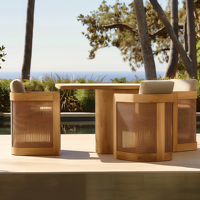 Moderner Outdoor-Teakholz-Drehsessel mit Rattan-Seitenpaneel Luxuriöser Garten-Terrassen-Loungesessel Wasserdicht für Villa-Terrasse