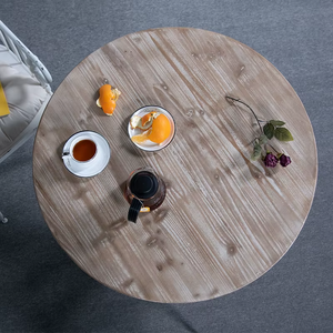 Table basse de salle à manger rustique de style ferme, ronde, en bois sculpté, blanchi à la chaux, avec 4 pieds croisés - Product Image 4