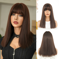 Peluca de Cabello Sintético Liso de 20 Pulgadas, Color Marrón Oscuro con Reflejos Rubios, Cabello Mediano Liso con Flequillo Grueso, Resistente al Calor