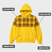 Sweat à capuche jaune personnalisé pour homme, avec panneau supérieur à carreaux, colorblock en deux tissus, en polaire, coupe oversize, poche kangourou, pour le streetwear