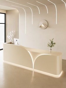 Cream Wabi Sabi Curved Reception <b>Desk</b> with Recessed LED Light Custom for Beauty Salon - Product Image 6