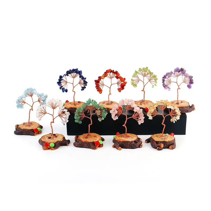 Seven Chakra Healing Crystals Copper Money Tree Wrapped On Natural Clear Quartz Base Feng Shui Luck Figurine