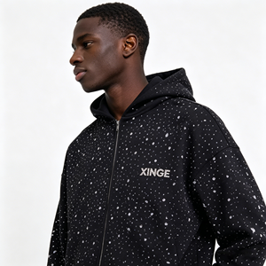 Sweat-shirt à capuche zippé surdimensionné noir avec strass, style streetwear pour homme - Product Image 3