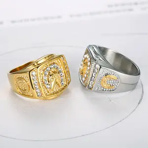 Penjualan terlaris cincin pria perhiasan Hip Hop es kristal kepala kuda cincin jari berlapis emas berlian kepala kuda cincin pria