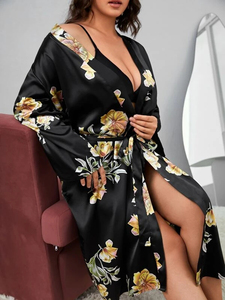 Robe de chambre personnalisée longue en soie <span class=keywords><strong>kimono</strong></span> 1 pièce imprimé floral épaules tombantes ceinture en satin robe <span class=keywords><strong>femme</strong></span> élégante - Product Image 5