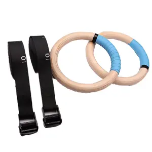 Indoor Gymnastics Fitness 28mm/32mm Customizable Birch Wooden Gymnastic Rings with Adjustable Straps