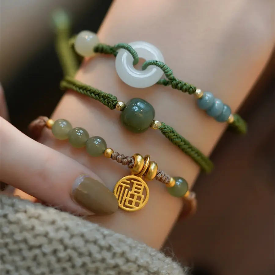 2022 New Natural Hotan jade transfer Zhufu brand safety buckle bracelet Handmade Woven Rope Women Bracelet