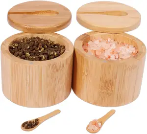 조미료 냄비 대나무 소금 냄비 회전 자석 뚜껑과 단단한 나무 조미료 상자 나무 후추 그릇 소금 지하실