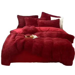China Vervaardigen Rode Effen Kleur Laken Set Fleece Faux Fur Fluwelen Pluizige Dekbedovertrek Kussenslopen Beddengoed Set Voor Winter