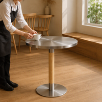 Table Ronde Personnalisée OEM, Table en Acier Inoxydable Brossé avec Colonne à Grain de Bois pour Café Restaurant Bistro