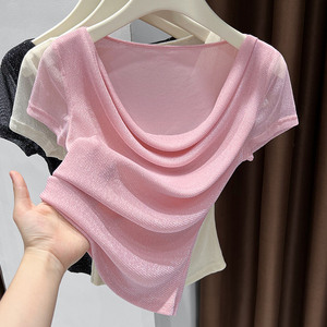 <strong>Pink</strong> Shiny Women's T-Shirt High-End Summer <strong>Top</strong> Ruched Waist Off-Shoulder Short-Sleeve Featuring Ice <strong>Silk</strong> Mesh Regular Shoulders - Product Image 1