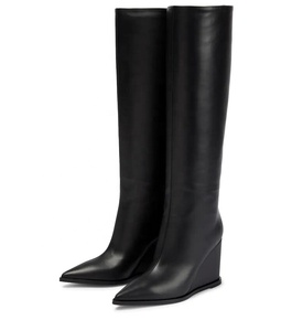 Bottes hautes pour femmes à jambes larges, taille 46, bout pointu sexy, chaussures à talons compensés, bottines en cuir de vache - Product Image 4