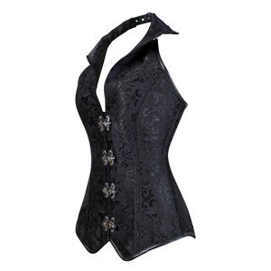Vêtement de forme désossé en jacquard noir avec corset de style court à col licou Gothique Noir Jacquard Taille <span class=keywords><strong>Bustier</strong></span> Top Korset - Product Image 5