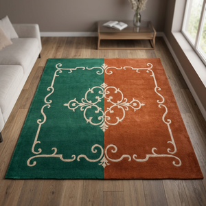 Tapis rectangulaire classique avec motif médaillon vert et orange, tissé à la main, avec envers en latex, pour salon - Product Image 5